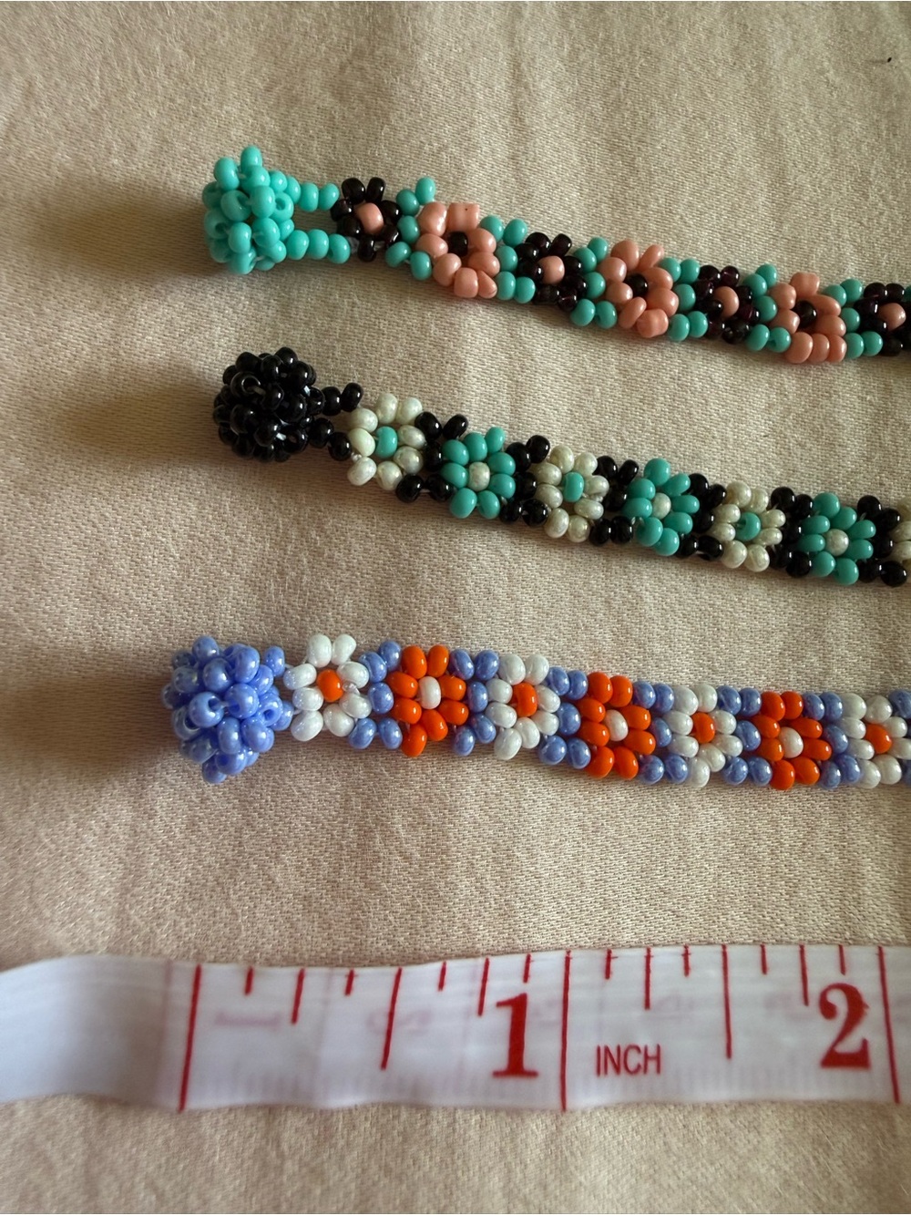 Handmade Seed Bead Bracelet Set of 3 — Turquoise, Black & Peach Floral Design